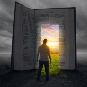 Man standing in front of open Bible with doorway - blog Bible is Divine and Accurate