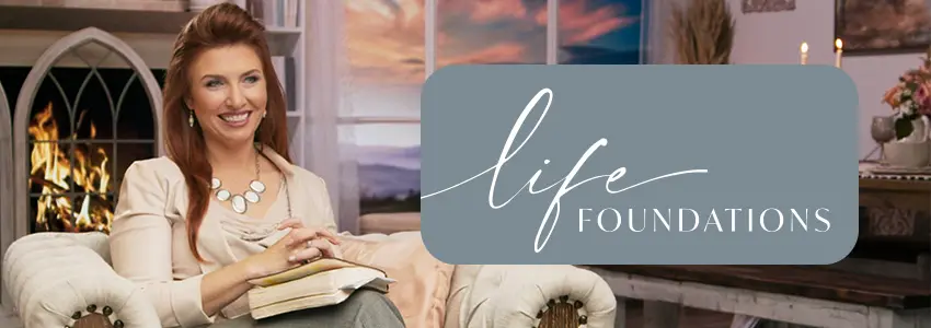 Carrie Pickett sitting on couch with book in lap and words life foundations